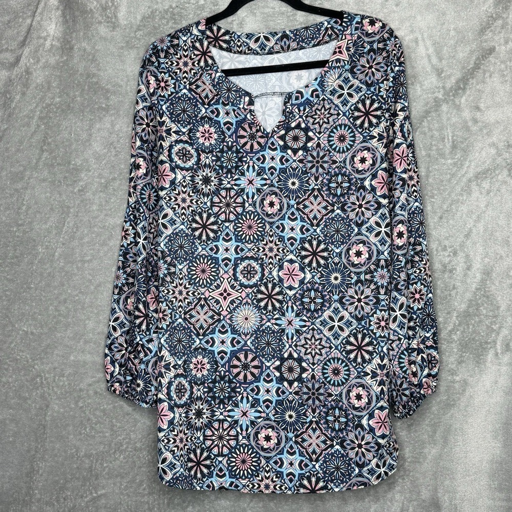 Emery Rose XL Shirt Top Blue Pink Paisley Long Sleeve Split Scoop Neck Stretch